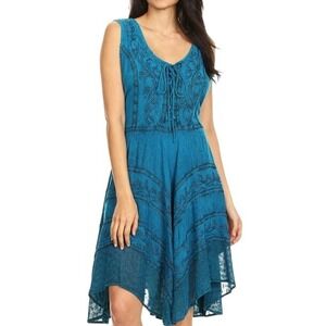 Sakkas sandara stonewash rayon fairy Teal Embroidered Lace Up Dress Bohemian
